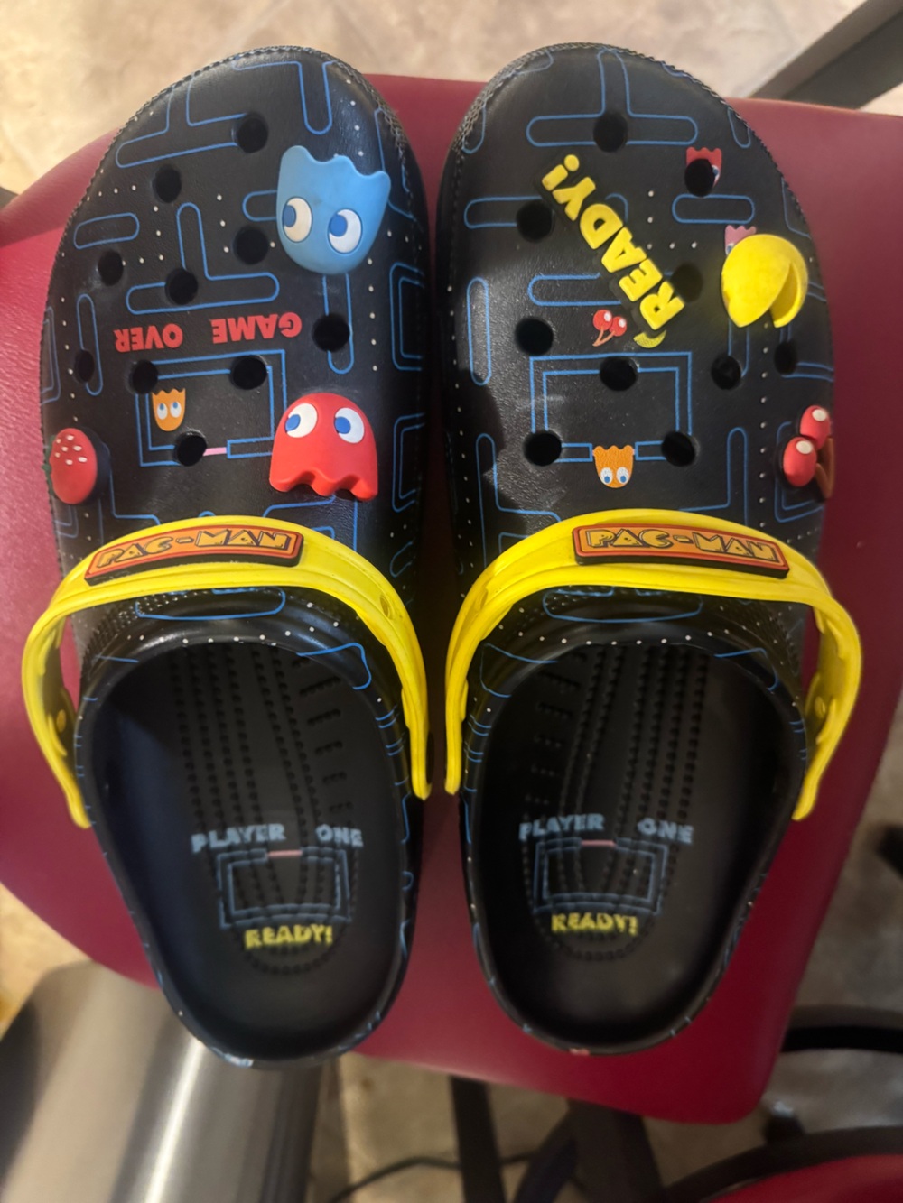 CROCS Men’s Limited Edition Pac-Man Black Clogs with Yellow Strap and Red